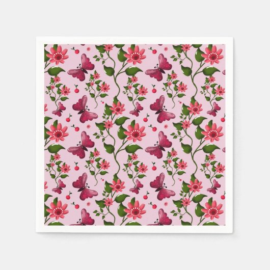 Cute Cherry Butterfly Pattern, Glossy Kawaii Fruit スタンダードカクテルナプキン (正面)