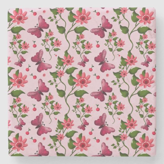 Cute Cherry Butterfly Pattern, Glossy Kawaii Fruit ストーンコースター (正面)