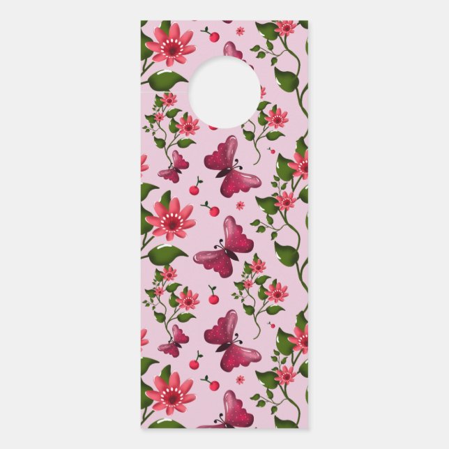 Cute Cherry Butterfly Pattern, Glossy Kawaii Fruit ドアノブサイン (正面)