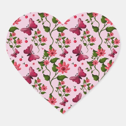 Cute Cherry Butterfly Pattern, Glossy Kawaii Fruit ハートシール (正面)