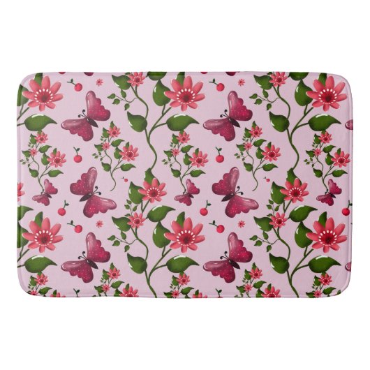 Cute Cherry Butterfly Pattern, Glossy Kawaii Fruit バスマット (正面)
