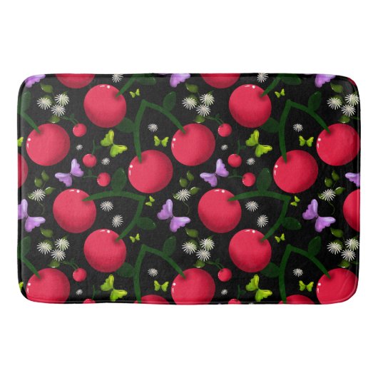 Cute Cherry Butterfly Pattern, Glossy Kawaii Fruit バスマット (正面)