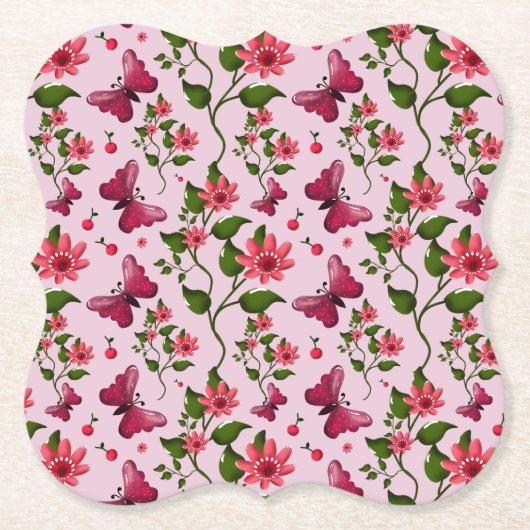 Cute Cherry Butterfly Pattern, Glossy Kawaii Fruit ペーパーコースター (正面)