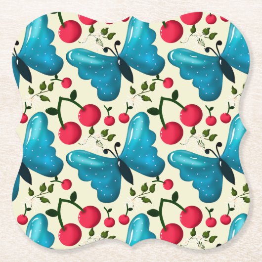 Cute Cherry Butterfly Pattern, Glossy Kawaii Fruit ペーパーコースター (正面)