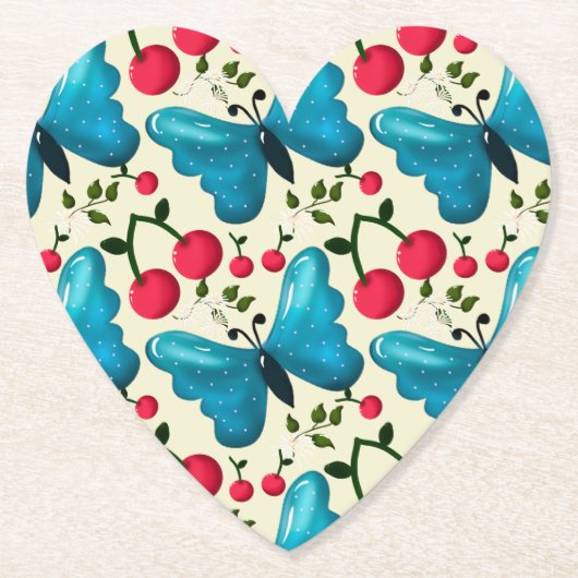 Cute Cherry Butterfly Pattern, Glossy Kawaii Fruit ペーパーコースター (正面)