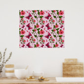 Cute Cherry Butterfly Pattern, Glossy Kawaii Fruit ポスター (キッチン)