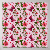 Cute Cherry Butterfly Pattern, Glossy Kawaii Fruit ポスター (正面)