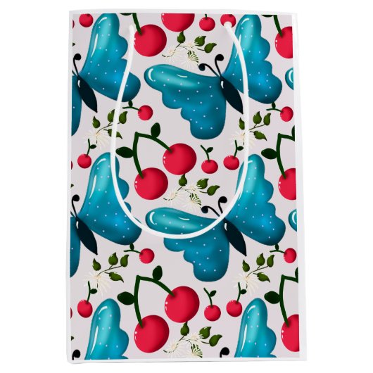 Cute Cherry Butterfly Pattern, Glossy Kawaii Fruit ミディアムペーパーバッグ (正面)