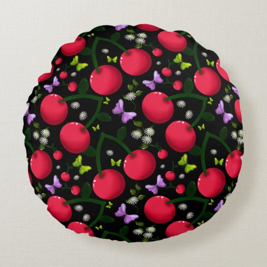 Cute Cherry Butterfly Pattern, Glossy Kawaii Fruit ラウンドクッション (正面)
