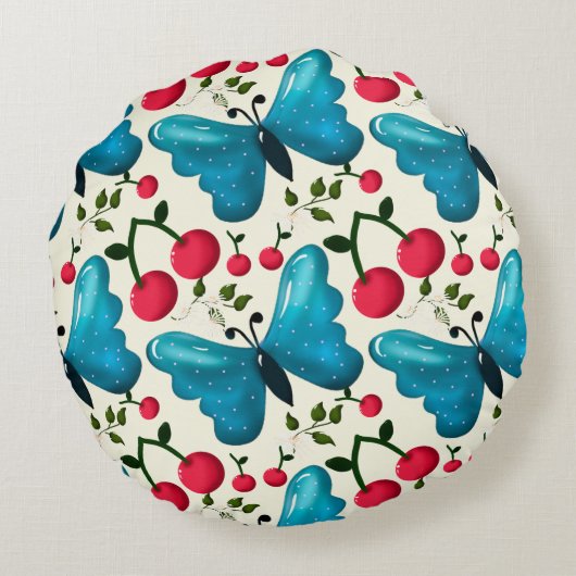 Cute Cherry Butterfly Pattern, Glossy Kawaii Fruit ラウンドクッション (裏面)