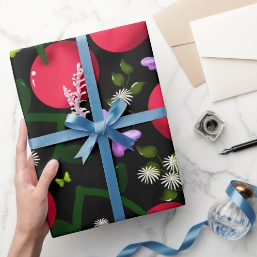 Cute Cherry Butterfly Pattern, Glossy Kawaii Fruit ラッピングペーパー (ギフト)