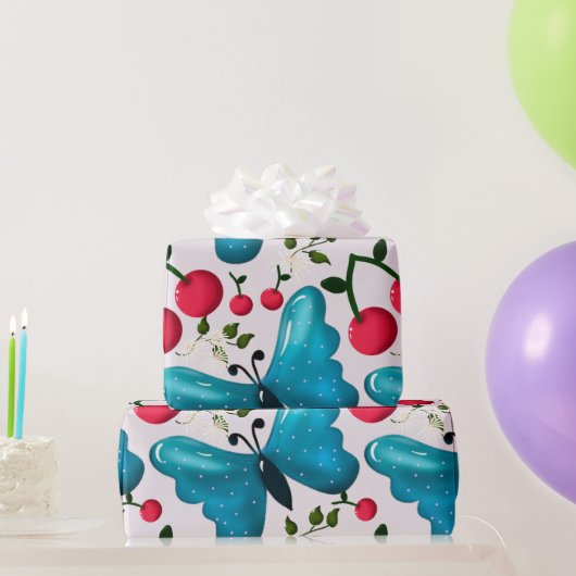 Cute Cherry Butterfly Pattern, Glossy Kawaii Fruit ラッピングペーパー (パーティーギフト)