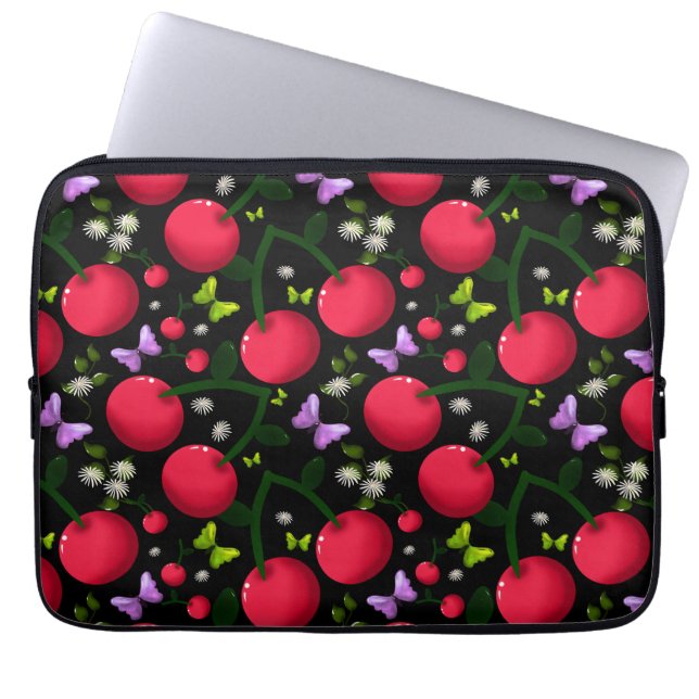Cute Cherry Butterfly Pattern, Glossy Kawaii Fruit ラップトップスリーブ (正面)