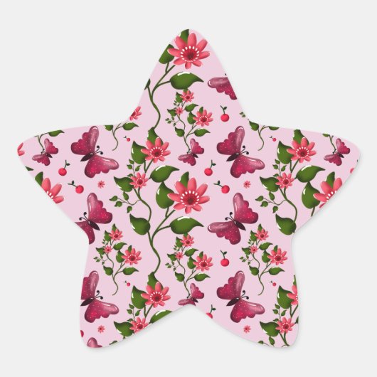 Cute Cherry Butterfly Pattern, Glossy Kawaii Fruit 星シール (正面)