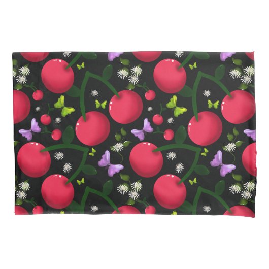 Cute Cherry Butterfly Pattern, Glossy Kawaii Fruit 枕カバー (正面)