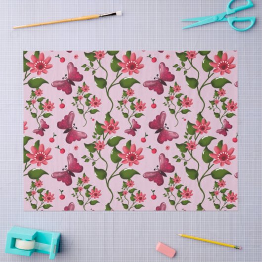 Cute Cherry Butterfly Pattern, Glossy Kawaii Fruit 薄葉紙 (クラフト)