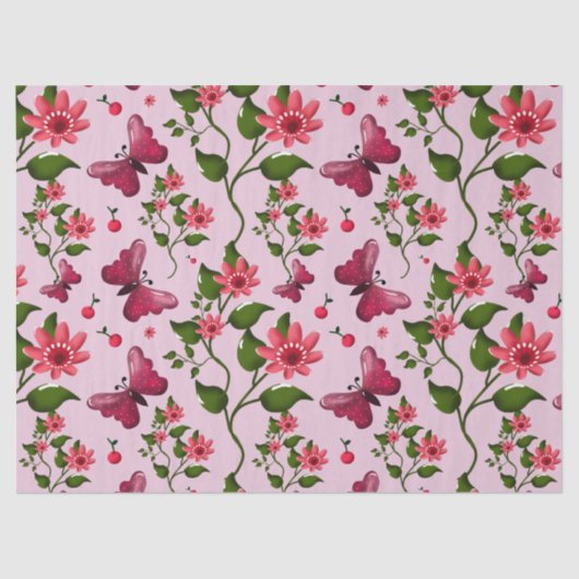 Cute Cherry Butterfly Pattern, Glossy Kawaii Fruit 薄葉紙 (正面)