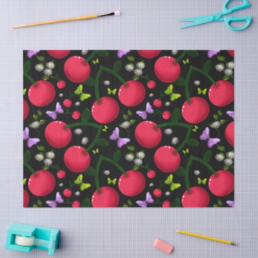 Cute Cherry Butterfly Pattern, Glossy Kawaii Fruit 薄葉紙 (クラフト)