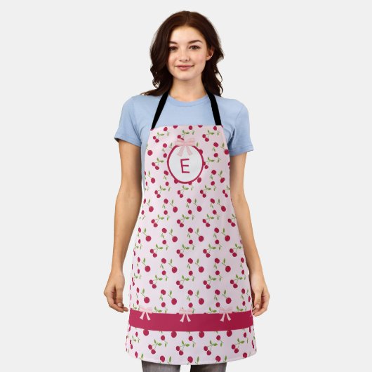 Cute Cherry Coquette Pink Custom Monogram エプロン (着用した状態)