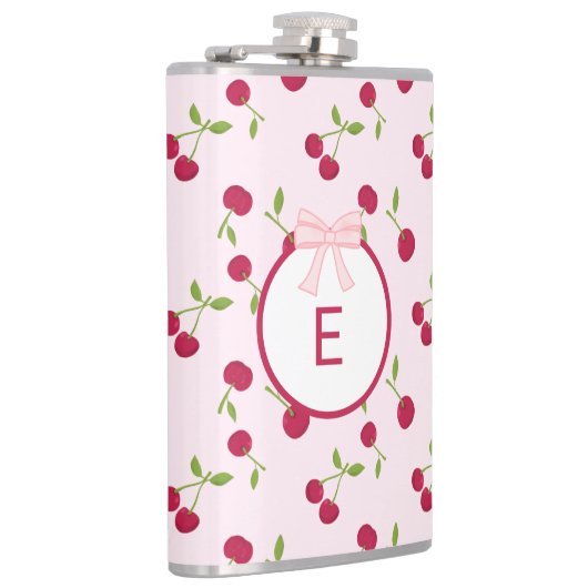 Cute Cherry Coquette Pink Custom Monogram フラスク (右)