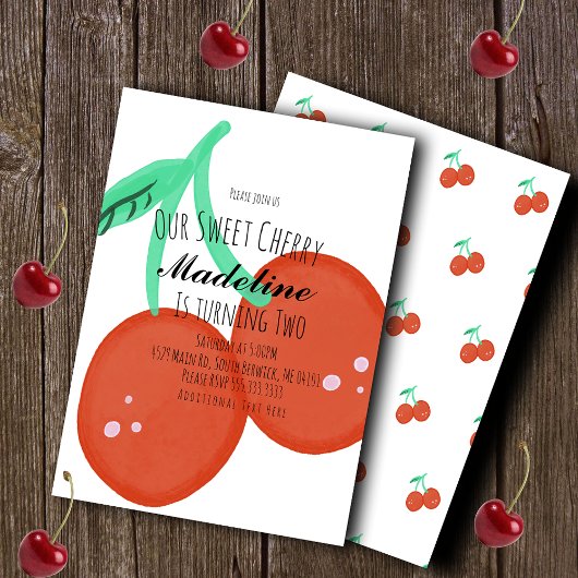 Cute Cherry Hand Drawn Sweet Birthday  招待状