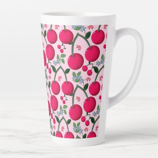Cute Cherry  Pattern, Glossy Kawaii Fruit カフェラテマグ (右)
