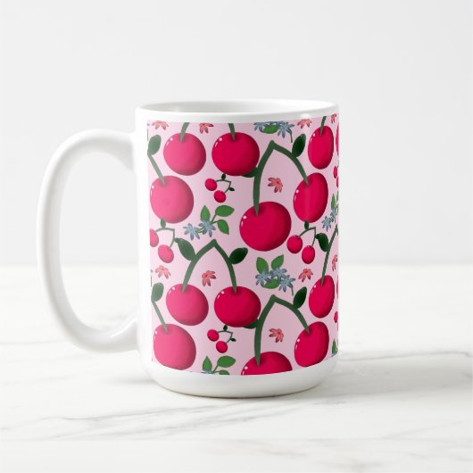 Cute Cherry  Pattern, Glossy Kawaii Fruit コーヒーマグカップ (左)