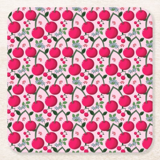 Cute Cherry  Pattern, Glossy Kawaii Fruit スクエアペーパーコースター (正面)
