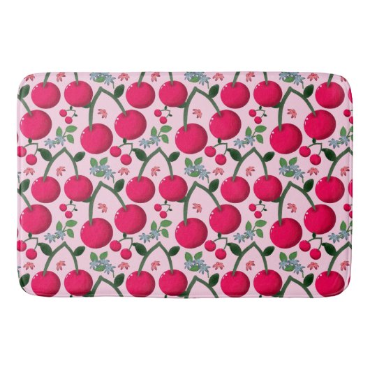 Cute Cherry  Pattern, Glossy Kawaii Fruit バスマット (正面)