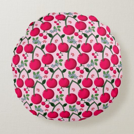 Cute Cherry  Pattern, Glossy Kawaii Fruit ラウンドクッション (正面)