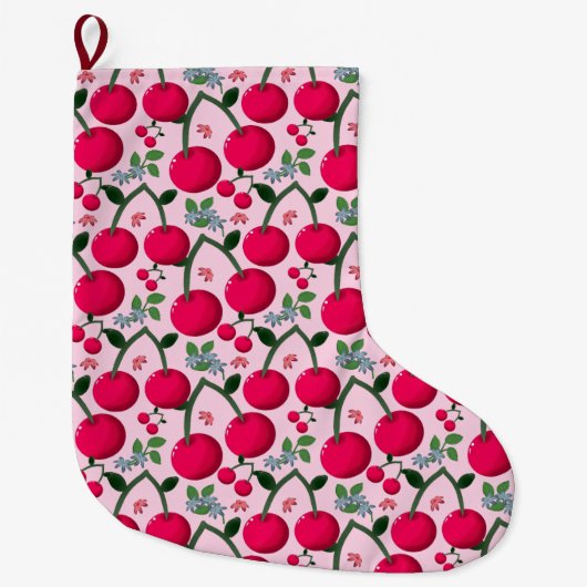 Cute Cherry  Pattern, Glossy Kawaii Fruit ラージクリスマスストッキング (正面)