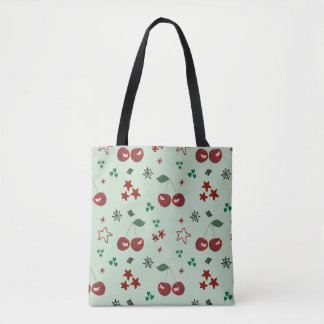 Cute Cherry Pattern Mint Green Cottagecore トートバッグ