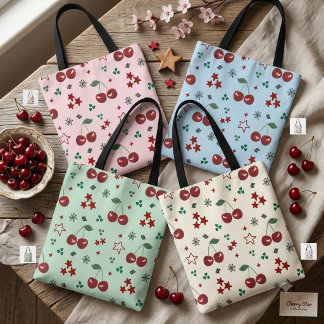 Cute Cherry Pattern Mint Green Cottagecore トートバッグ
