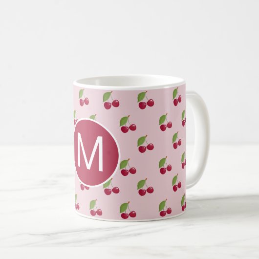 Cute Cherry Pattern Personalised Monogram コーヒーマグカップ (正面右)