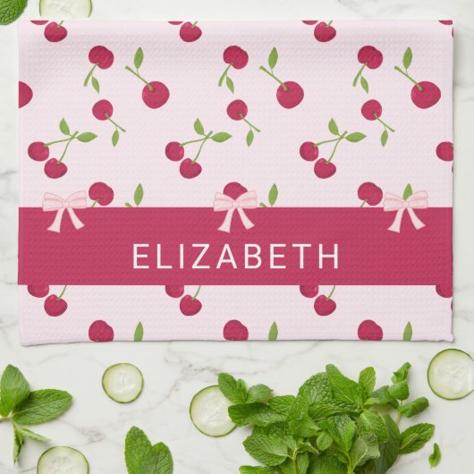 Cute Cherry Print Pattern Coquette Pink Custom キッチンタオル (折り畳み)