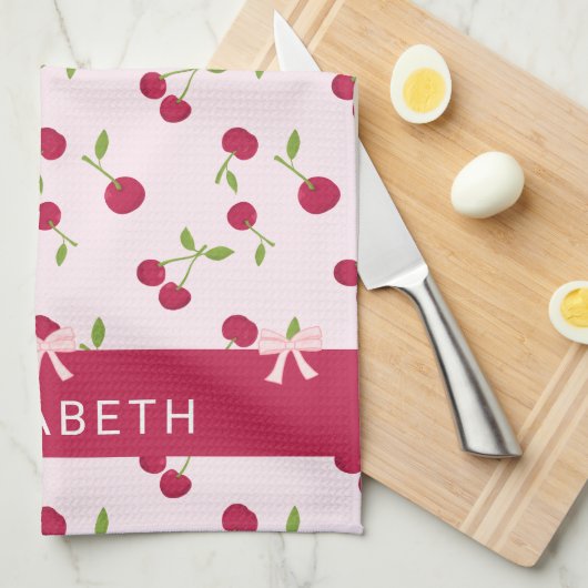 Cute Cherry Print Pattern Coquette Pink Custom キッチンタオル (四つ折り)