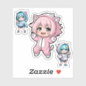 Cute Chibi Anime Cat Hoodie Girl Vinyl Sticker シール (シート)