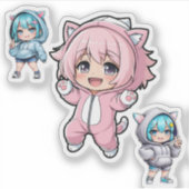 Cute Chibi Anime Cat Hoodie Girl Vinyl Sticker シール (正面)