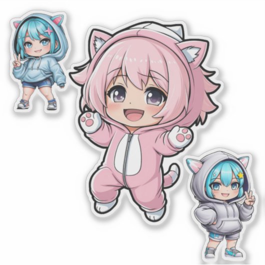Cute Chibi Anime Cat Hoodie Girl Vinyl Sticker シール (正面)