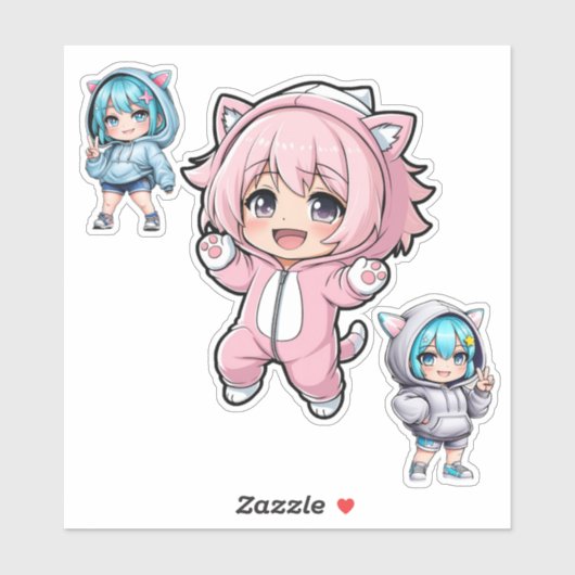Cute Chibi Anime Cat Hoodie Girl Vinyl Sticker シール (シート)