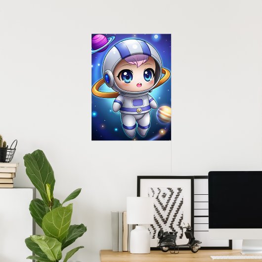 Cute Chibi Astronaut Girl Space Explorer Kawaii ポスター (ホームオフィス)