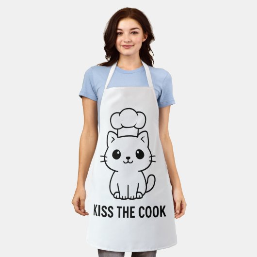 Cute Chibi Cat “Kiss the Cook” Apron – Funny Kitch エプロン (着用した状態)
