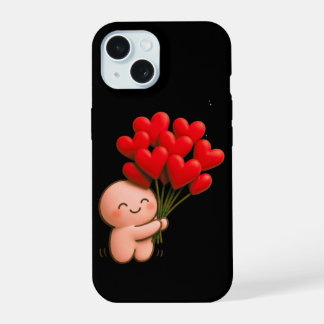 Cute Chibi Character Holding Red Heart Balloons iPhone 15ケース