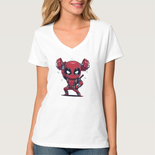 Cute Chibi Deadpool Lifting Barbell T-Shirt | Funn Tシャツ (正面)
