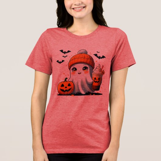 Cute Chibi Ghost with Beanie and Iced Coffee - Aut トライブレンドＴシャツ (正面)