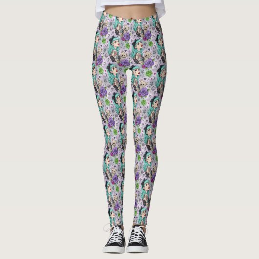 Cute Chibi Girl & Floral Pattern Leggings レギンス (正面)