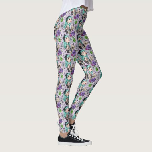 Cute Chibi Girl & Floral Pattern Leggings レギンス (右)