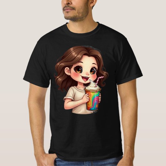 Cute Chibi Girl with Rainbow Swirl Drink" 🧁🌈 Tシャツ (正面)