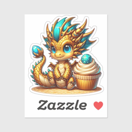 Cute Chibi Gold and Blue Dragon with Cupcake シール (シート)