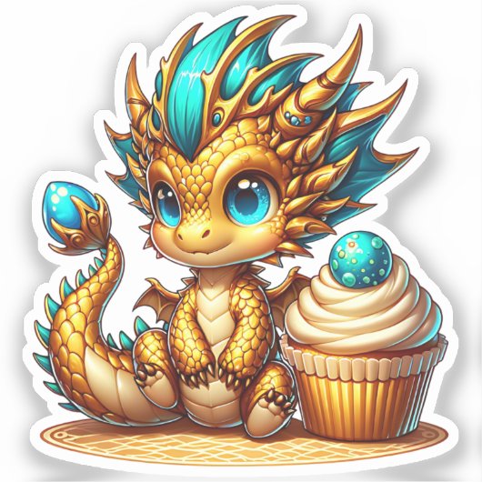 Cute Chibi Gold and Blue Dragon with Cupcake シール (正面)